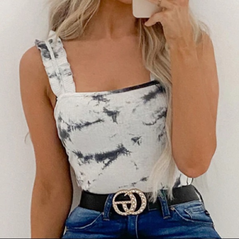NWOT Ruffle Strap Bodysuit White Grey Tie Dye
